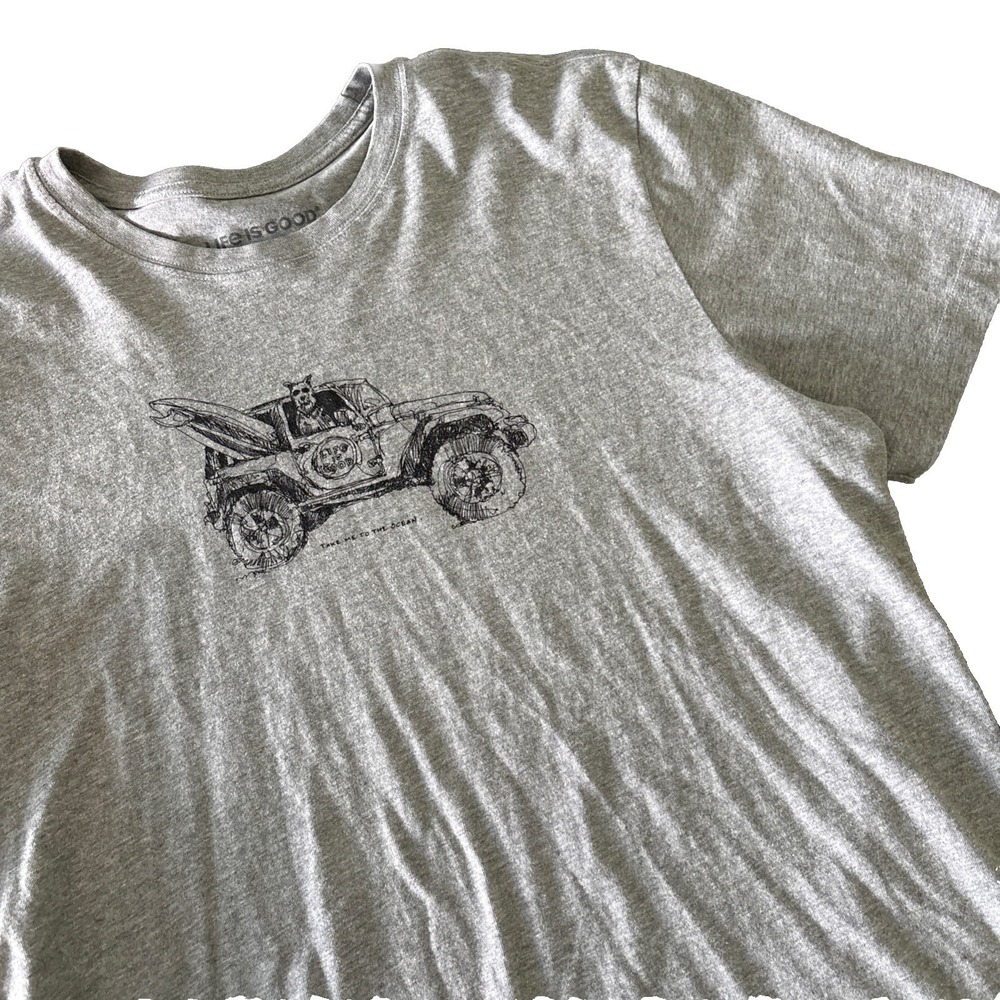 Life Is Good Crusher Tee Dog Jeep T-Shirt Mens L Gray take me to the ocean